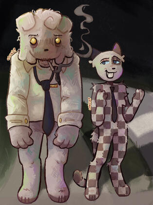 painted scene of two characters